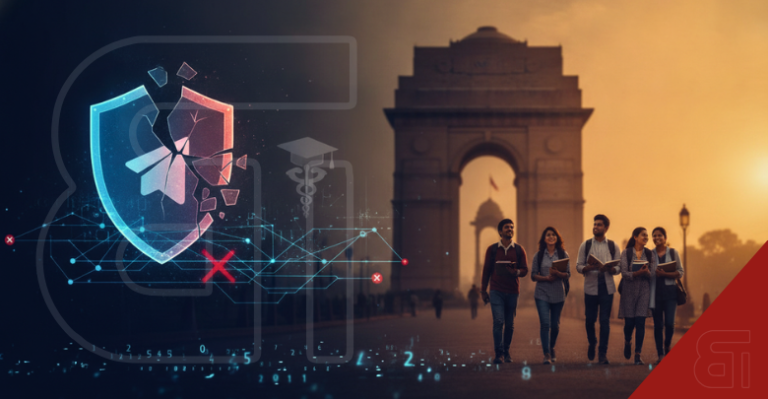 Digital art showing a shattered Telegram shield and Indian students walking near India Gate, symbolizing the app ban to secure NEET medical exams.
