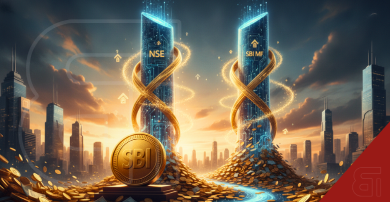 Golden growth arrow and coin stacks with NSE and SBI MF holograms illustrating State Bank of India IPO profits