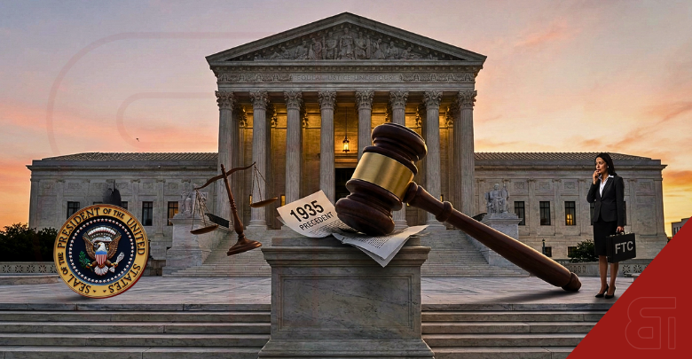 A conceptual illustration of the US Supreme Court case regarding President Trump's firing power over the FTC, featuring the Presidential Seal, a gavel resting on a document labeled "1935 PRECEDENT," scales of justice, and an FTC official standing outside the court building at sunset.