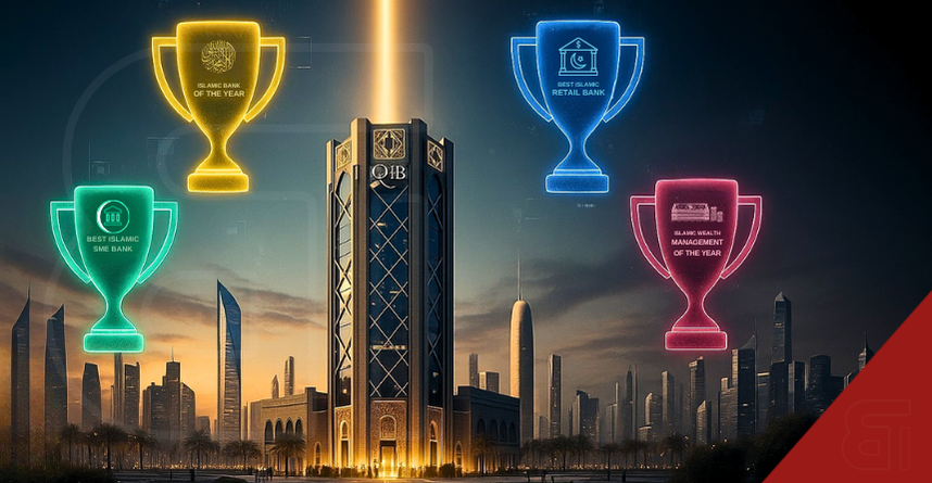 Qatar Islamic Bank QIB wins four Islamic Finance Awards at Asset Triple A 2025, showcasing glowing trophy cups for Islamic Bank of the Year, Best Islamic Retail Bank, Best Islamic SME Bank & Islamic Wealth Management of the Year, with QIB headquarters tower highlighted against Qatar cityscape backdrop representing banking excellence & market leadership.
