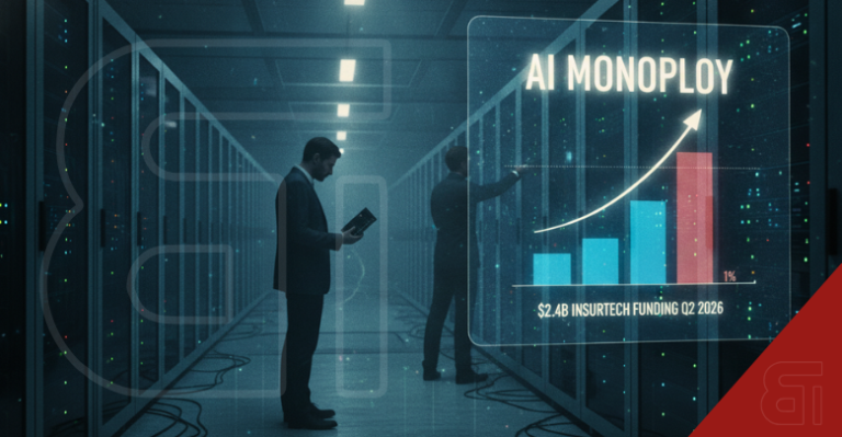 Two men in dark suits examine data in a server room. A holographic overlay shows a rising bar chart titled 'AI MONOPLOY' and '$2.4B INSURTECH FUNDING Q2 2026', illustrating AI's dominance.