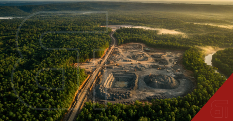 Aerial view of an open-pit coal mine surrounded by dense green forest, illustrating the Adani mining projects in Chhattisgarh.