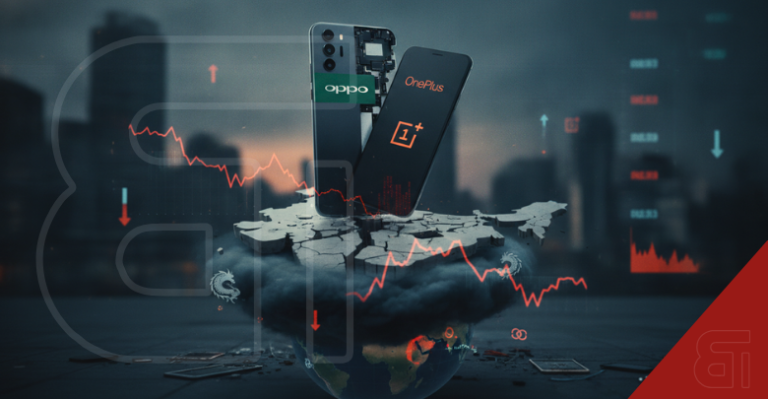 Oppo and OnePlus smartphones standing on a cracked map of India surrounded by red downward financial graphs and dark clouds.