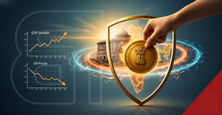 Conceptual illustration showing an Indian emblem coin inside a shield over a map of India with rising GDP and falling oil price graphs.