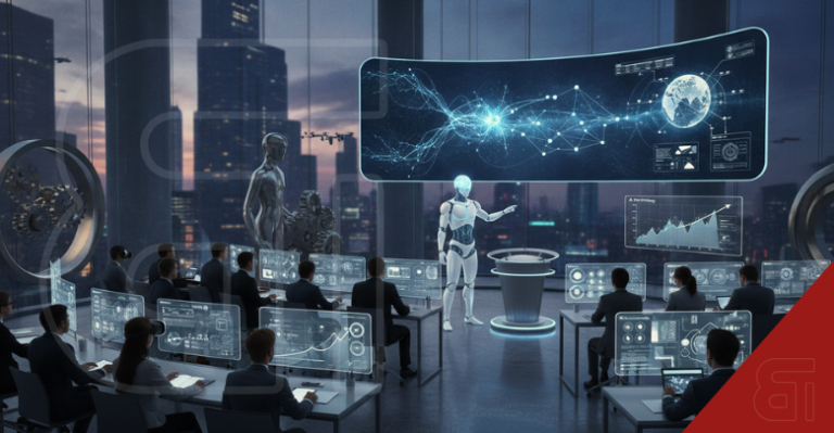Futuristic classroom with an AI robot teaching MBA students using holographic data screens.