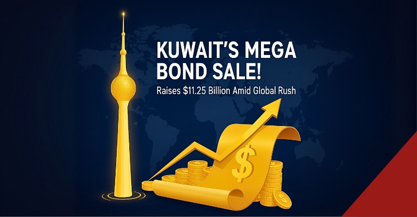 Kuwait Tower with golden financial documents and dollar symbols illustrating Kuwait's $11.25 billion mega bond sale and three-tranche Eurobond issuance success