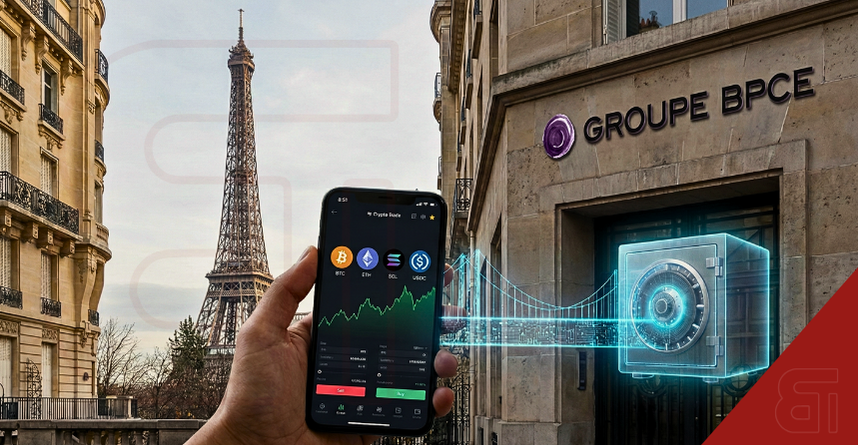 Hand holding a smartphone displaying a cryptocurrency trading interface for Bitcoin, Ethereum, and Solana, connected by a digital bridge to a glowing vault in front of the Groupe BPCE headquarters building in Paris with the Eiffel Tower in the background.