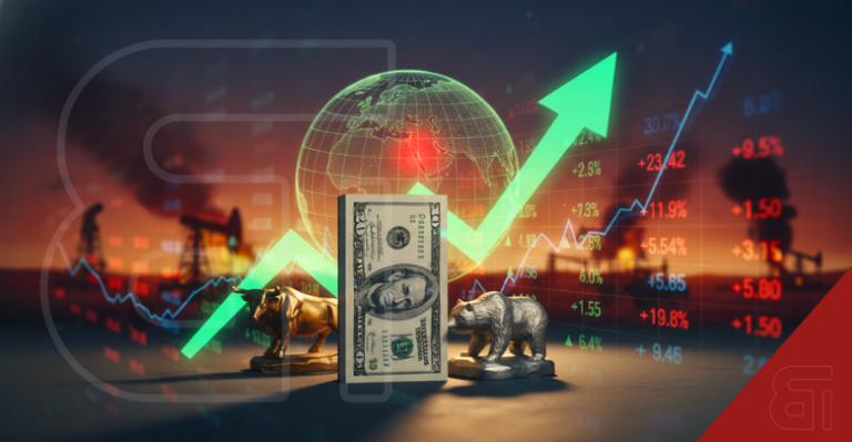 Stacks of US dollar bills and an upward trending arrow beside a global map highlighting Middle East financial connections.