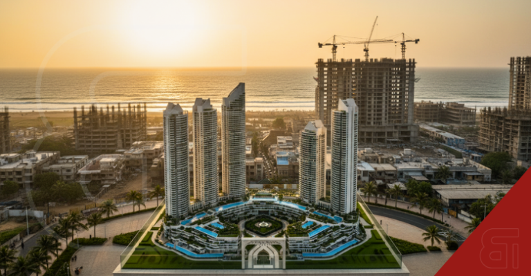 Architectural rendering of the luxury Versova housing project by Prestige Estates and ABIL Group in Mumbai at sunset
