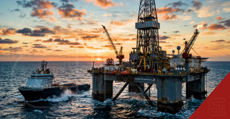 Offshore oil rigs and vessels surrounding a glowing deepwater anomaly with giant mechanical claws symbolizing the battle for the Shenandoah project.