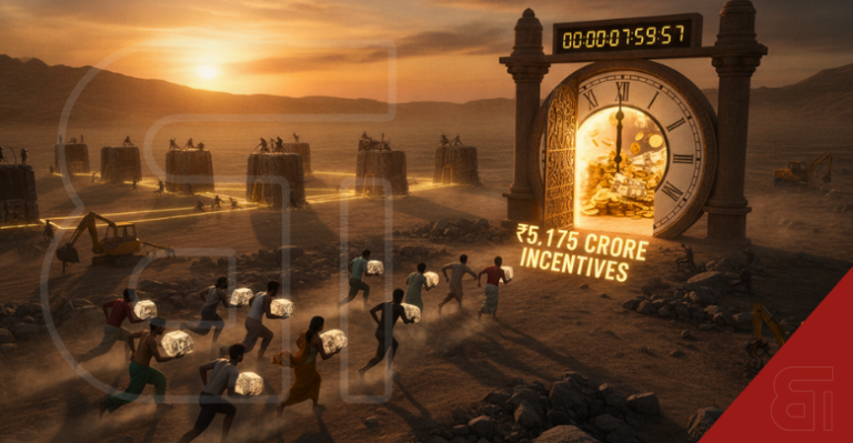 Digital illustration of people racing towards a glowing clock vault with money symbolising Indian states competing for 5175 crore mining incentives before the deadline.