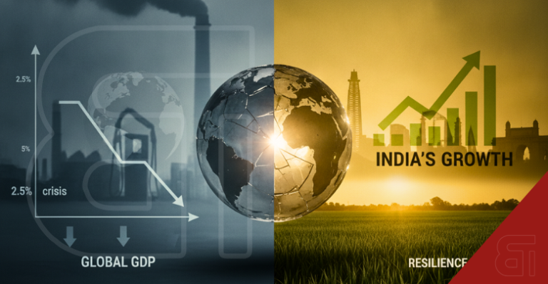 Split illustration contrasting global GDP economic crisis with downward charts against India's resilient economic growth with upward green charts.