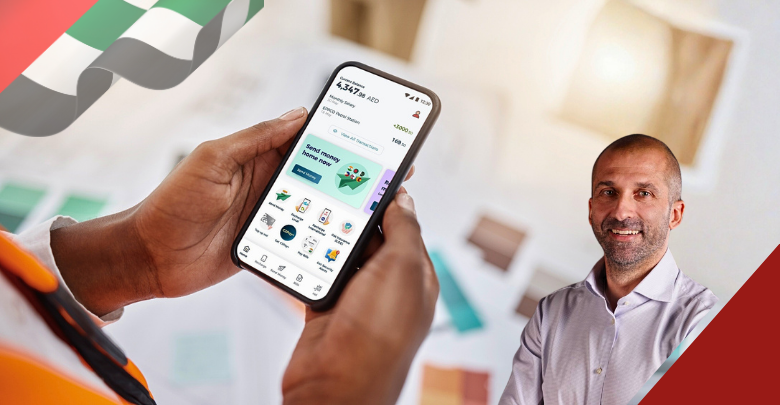 Hand holding smartphone displaying C3Pay payroll app interface with Edenred executive, illustrating WPS salary processing and financial inclusion platform serving 2.5 million UAE workers
