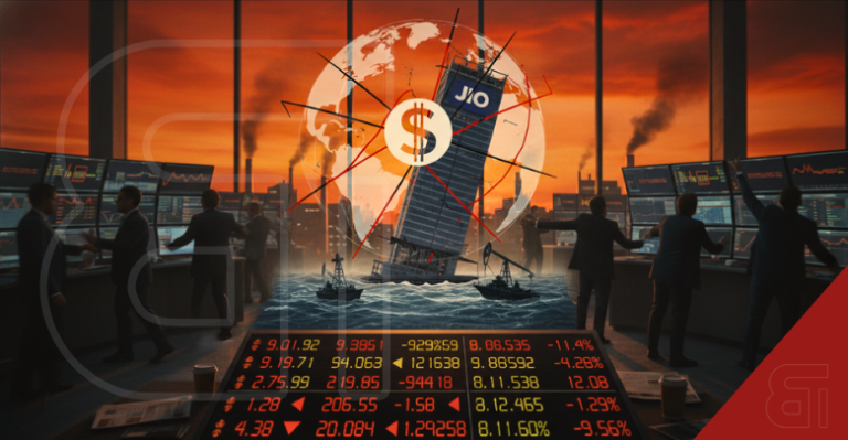 Illustration of a sinking Reliance Jio building amid panicking stock traders and global geopolitical oil crisis reflecting the delayed IPO