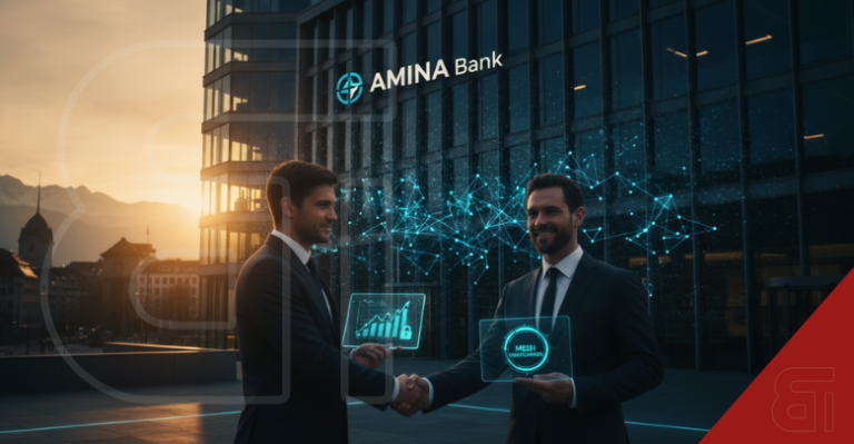 Two businessmen shaking hands at AMINA Bank with glowing digital holograms illustrating Mesh crypto payment verification technology.