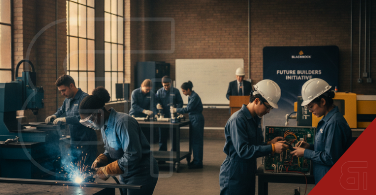 A diverse group of young people in blue coveralls learning technical skills in an industrial workshop, featuring welding and electronics assembly under a BlackRock Future Builders Initiative banner.