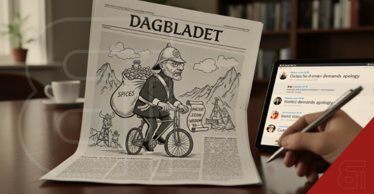 Controversial Dagbladet newspaper cartoon depicting PM Modi with colonial stereotypes next to a tablet showing social media backlash.