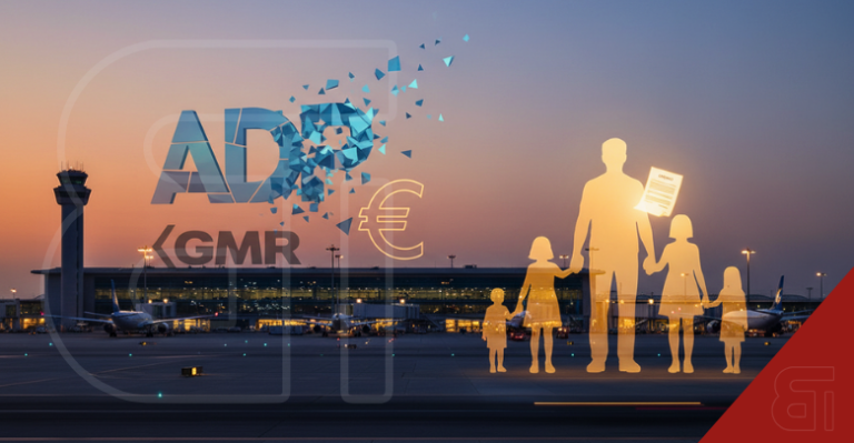 Glowing family silhouette holding a contract at an airport tarmac with shattering ADP logo, GMR text, and a Euro symbol, representing the GMR family reclaiming their airport empire.