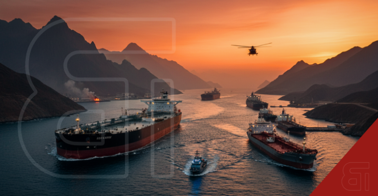Oil tankers navigating a blocked Middle East trade route at sunset under helicopter surveillance.