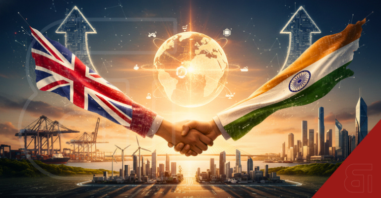 Handshake with UK and India flags representing a bilateral trade deal and economic growth over a futuristic city.