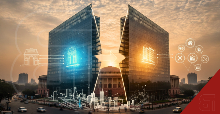 Conceptual image of a modern building split in half with glowing India Gate and urban development icons, symbolizing the division of India's Ministry of Housing and Urban Affairs.