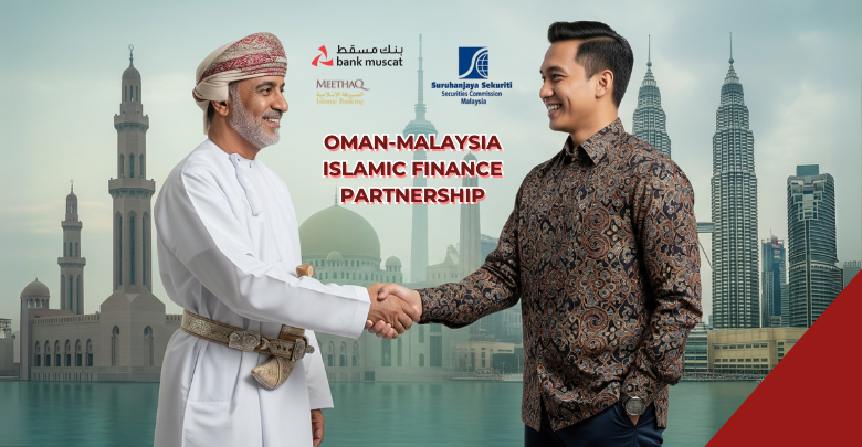 Bank Muscat and Meethaq Islamic Banking meeting with Securities Commission Malaysia at Airport Heights headquarters showcasing Oman-Malaysia Islamic finance partnership handshake between executives representing bilateral cooperation in capital market development and Islamic banking expertise exchange.