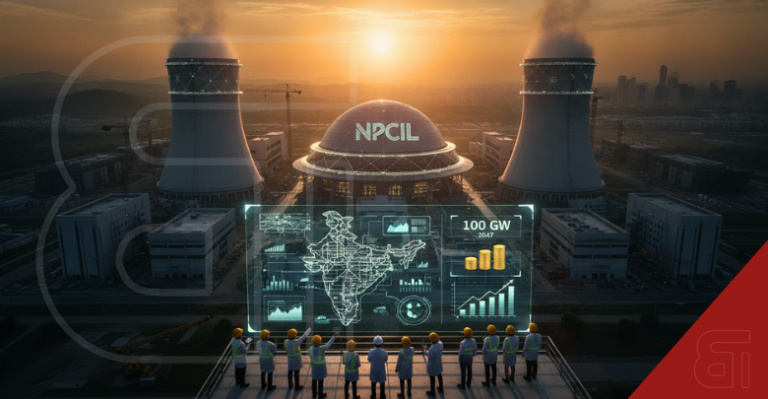 Futuristic NPCIL nuclear power plant with engineers viewing a digital India map projecting 100 GW nuclear capacity by 2047.