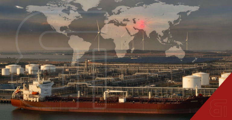 Oil tanker docked at an industrial facility with wind turbines and a world map overlay highlighting Iran, illustrating global energy tensions.