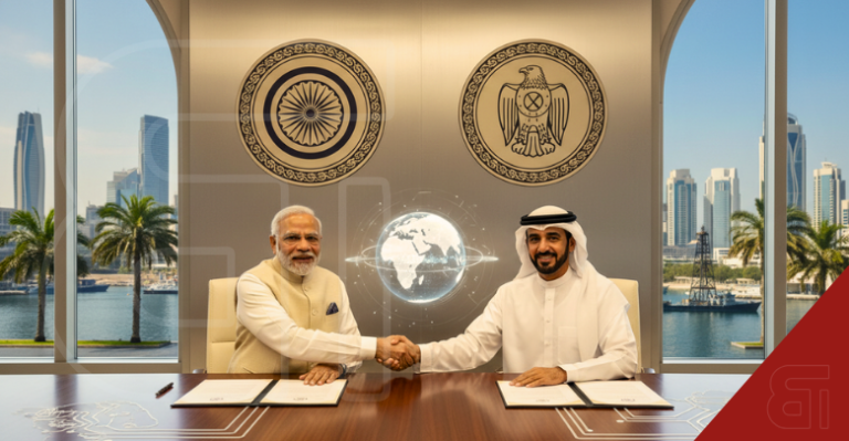 PM Narendra Modi and a UAE leader shaking hands over signed documents symbolizing India-UAE energy and defence pacts
