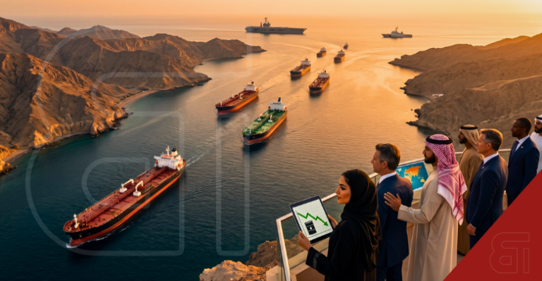 International officials on a cliffside balcony overlooking oil tankers and military ships in a narrow strait. In the foreground, a woman views a tablet showing falling oil prices.