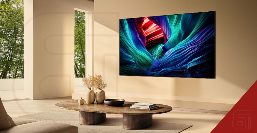 Samsung Micro RGB TV screen displaying vibrant abstract art in a minimalist living room setting following the UAE launch.
