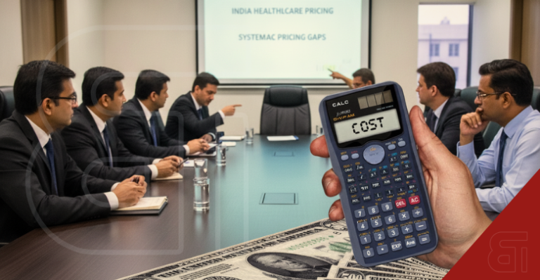 A hand holding a scientific calculator showing the word COST over a pile of money, while businessmen in the background analyze India Healthcare Pricing on a projector screen.