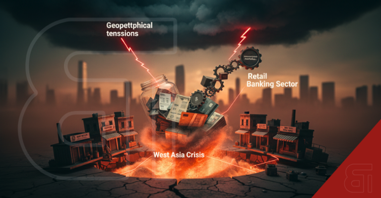 Conceptual AI illustration of the West Asia crisis impacting retail banking and Indian MSMEs with a broken money jar over a fiery crater.