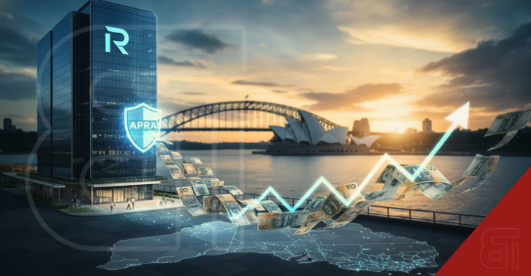 Revolut building in Sydney with an APRA shield and an upward arrow of Australian dollars symbolising its new banking licence.