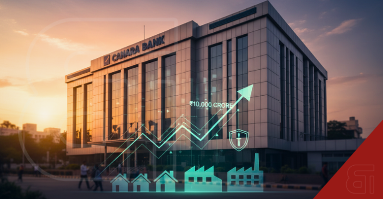 Canara Bank building with superimposed financial growth charts, Rs 10,000 crore text, and housing and MSME icons representing economic buffers.
