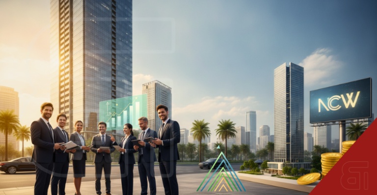 AI-generated image of business executives standing near an NCW billboard and gold coins, representing the 4,000-crore Nuvama and Cushman & Wakefield real estate fund.