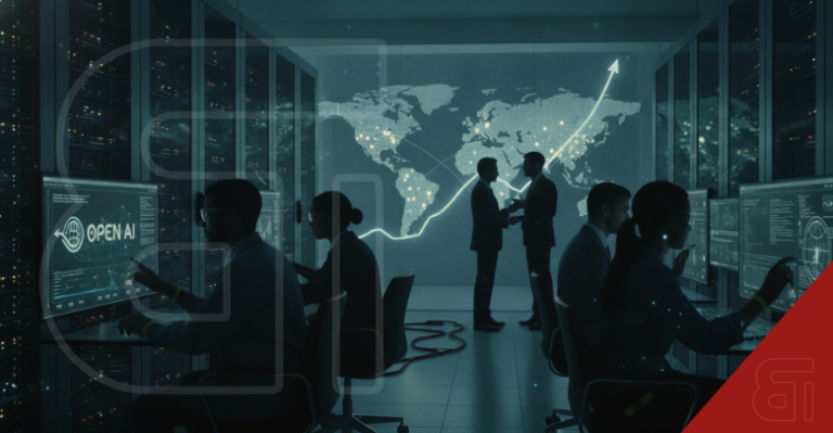 Silhouetted tech professionals work at glowing computer monitors in a dark data center, with one screen displaying OPEN AI, against a backdrop of a large digital world map showing an upward trend line.