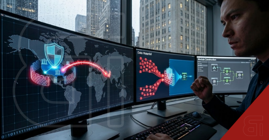 A digital cybersecurity operations centre monitoring global financial networks with maps and data charts, illustrating US banks on high alert for cyberattacks during geopolitical conflict.