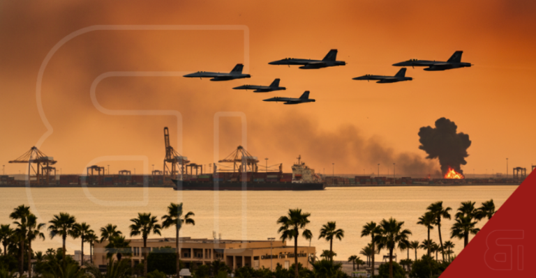 US fighter jets flying over Chabahar port in Iran during military strikes showing a massive explosion near shipping cranes.