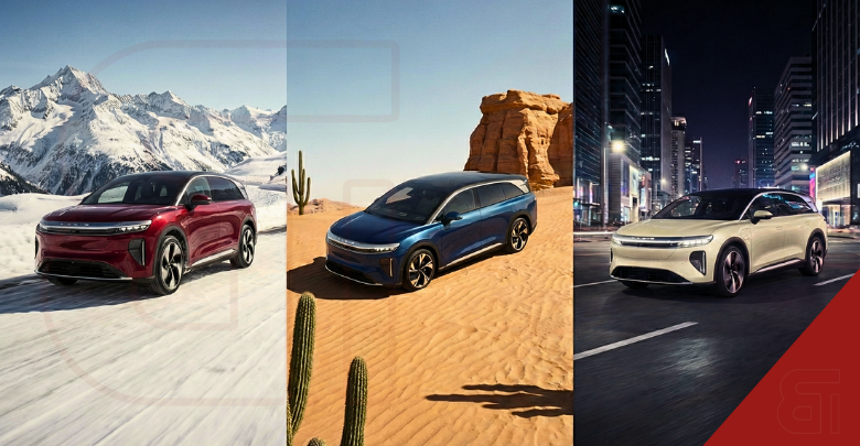 Three Lucid Gravity Touring SUVs shown in contrasting iconic environments — vibrant red on snowy Alpine mountains, deep blue on a dramatic desert landscape with cacti and cliffs, and pearl white showcased in a modern city at night — representing luxury electric vehicle versatility, global adventure lifestyle, and next-generation sustainable automotive technology.