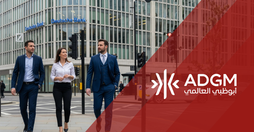 Three office employees in varied business attire – formal, smart formal, and a 3-piece suit – walking past the modern Deutsche Bank offices in London, Britain, depicting a typical corporate scene in the city's financial district.