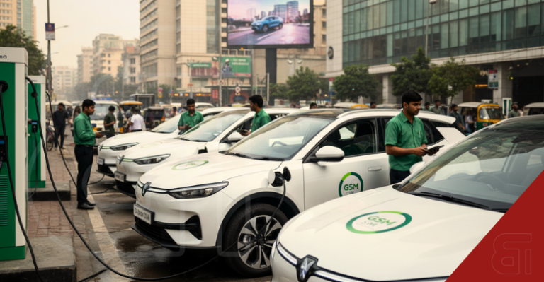 White Green SM electric vehicles charging at a station in Delhi NCR India with drivers in green uniforms.