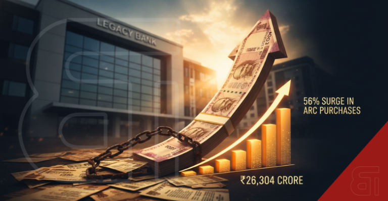 Illustration of a rising Indian Rupee arrow breaking chains at Legacy Bank, highlighting a 56% surge in ARC purchases to ₹26,304 crore.