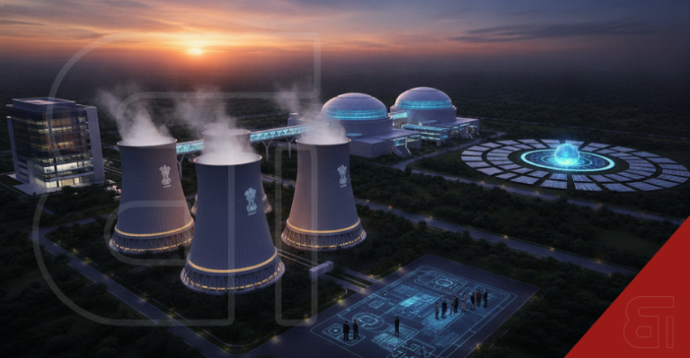 Futuristic Indian nuclear power plant at sunset featuring cooling towers and glowing reactors