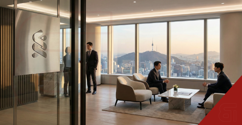 Standard Chartered Bank Korea private banking centre interior in Apgujeong, Seoul, featuring wealth management consultation area and city view with N Seoul Tower.