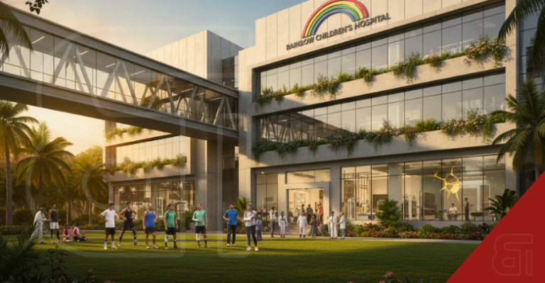 Exterior of Rainbow Children's Hospital in Bengaluru showing young patients on a lawn, representing the new joint preservation clinic.