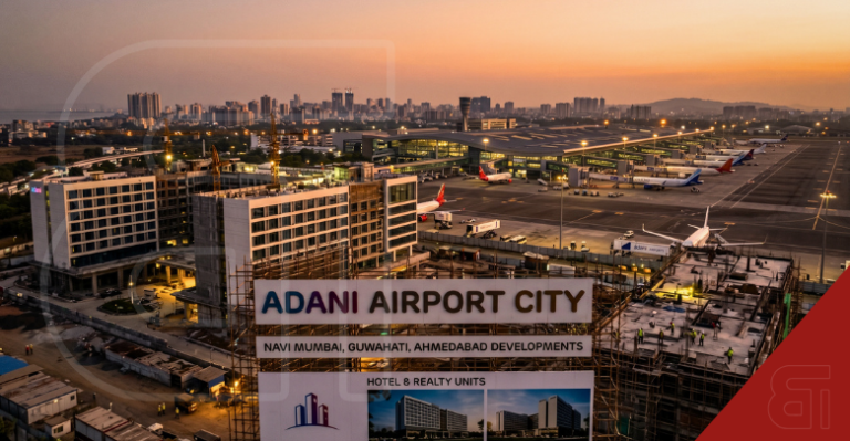 Aerial view of Adani Airport City development showing new hotel and realty construction next to active airport runways at sunset.