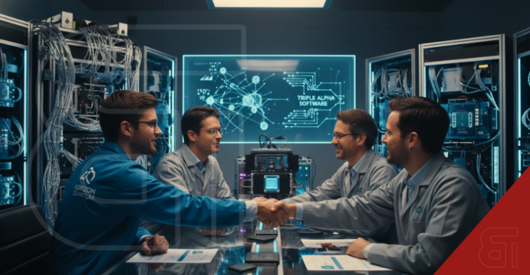Horizon Quantum and AQT executives shaking hands in a quantum computing lab displaying Triple Alpha Software on a digital screen.