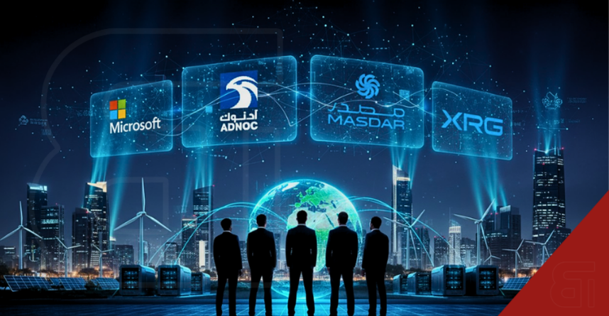 ADNOC Microsoft Masdar XRG strategic partnership visualisation featuring four glowing company logos displayed on transparent digital screens, five silhouetted business professionals standing together, Earth globe with global connectivity network, wind turbines, sustainable energy infrastructure, modern cityscape skyline, blue digital technology particles & light beams, renewable energy symbols, data centre buildings, AI innovation ecosystem graphic, professional collaboration concept illustration representing energy sector transformation & international cooperation.
