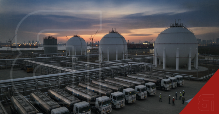 Large spherical LPG storage tanks and fleet of tanker trucks at an industrial terminal representing India's strategic reserve